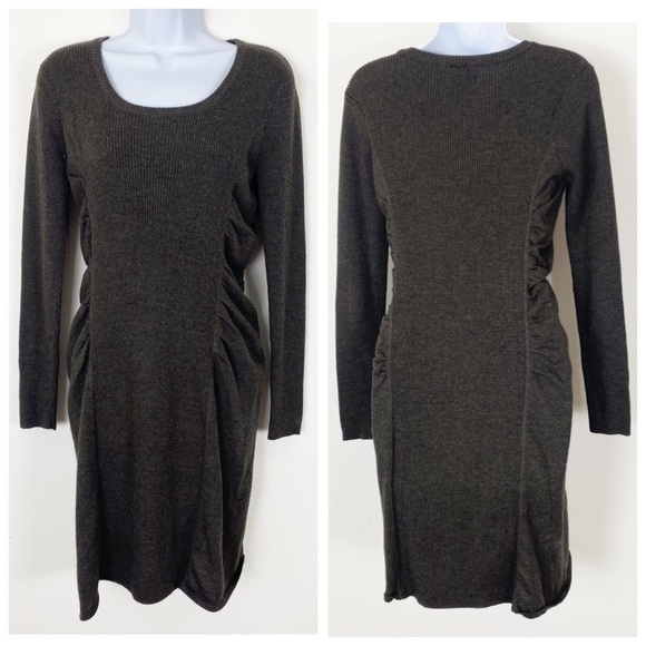 CK CALVIN KLEIN Wool Blend Ribbed Sweater Dress Tan Brown Slimming Ruched Sides - Picture 1 of 7